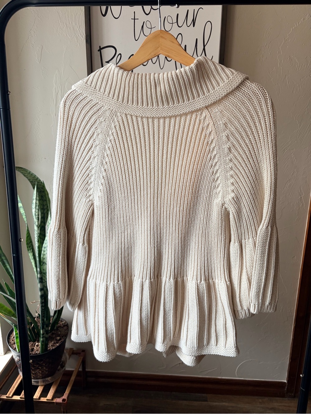 Tribal Cream Cable Knit Ribbed Collared Cotton Cardigan Boho Library Sweater SzL - Picture 2 of 9